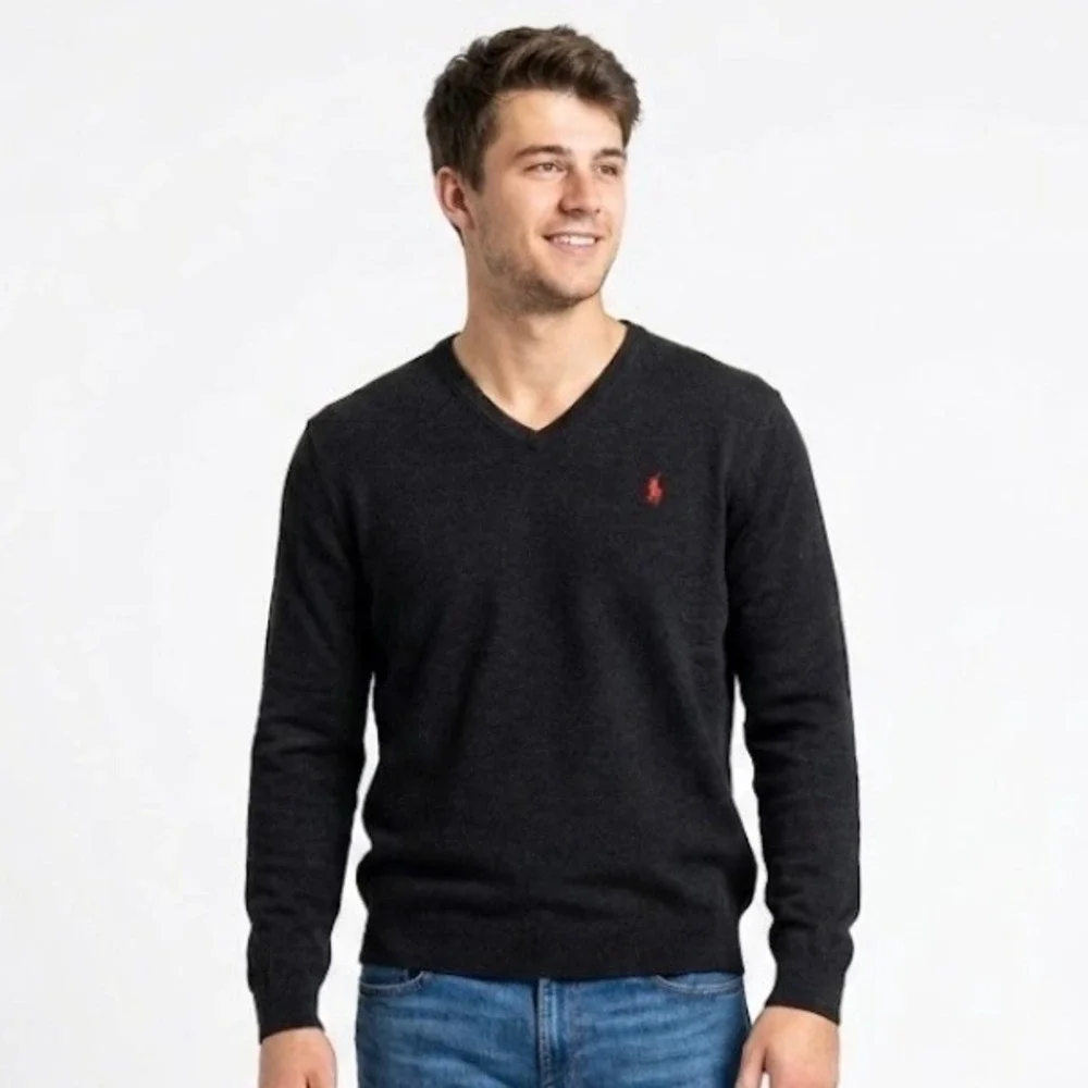 Polo Ralph Lauren V-Neck Sweater Mens L Black Pima Cotton Red Pony Preppy Luxury